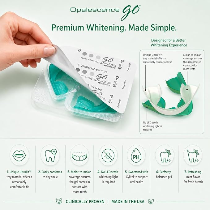 Opalescence Go 15 - Prefilled Teeth Whitening Trays Bundle 6238-1TS | Hydrogen Peroxide 15% - Includes Original Whitening Toothpaste Travel Size 1 Oz & Tongue Scraper (7 Treatments) Mint Flavor