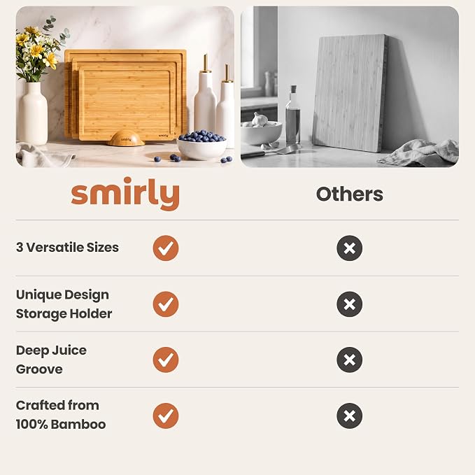 SMIRLY 3 Piece Bamboo Cutting Board Set with Stand for Kitchen | Built-in Handle, Deep Juice Groove, Non Toxic Real Wood, Multiple Sizes Wooden Cutting Boards Set of 3 with Holder