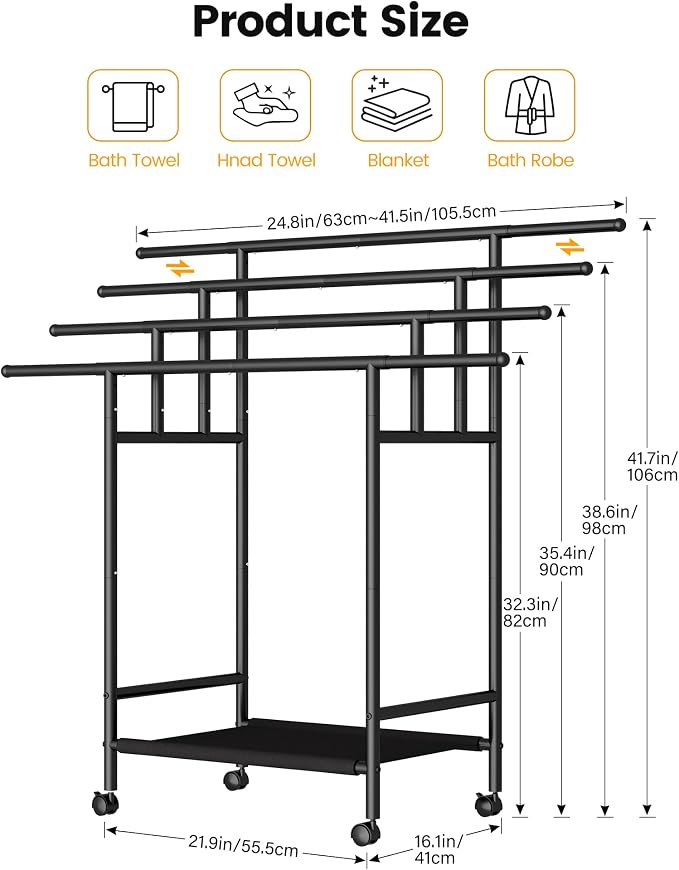 Homeiju Expandable Free Standing Towel Rack for Bathroom, 4 Tier Blanket Rack, Adjustable Blanket Holder for Bathroom, Towel Drying Rack Stand for Outdoor, Poolside, Black