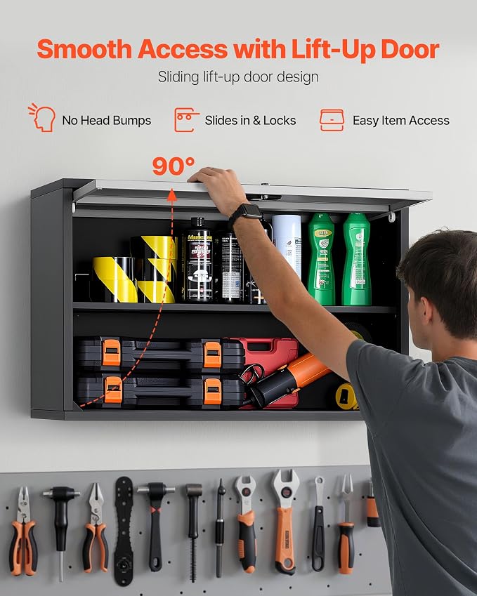 VEVOR Metal Wall Cabinet, 30.31 x 12.01 x 19.69 Inch, Floating Garage Tool Cabinet with Up-Flip Door and Shelf, 240 lbs Load Capacity, Fit for Garage, Basement, Kitchen, Warehouse Assembly Required