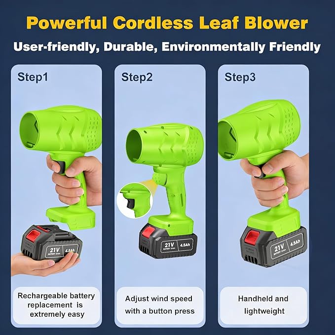 Electric Leaf Blower, Handheld Car Vacuum Cleaner, Wind Speed Cordless Battery Blower with 2 Rechargeable Batteries and Charger, Powered Handheld Blower Leaf, for Yard Leaf & Snow Removal(Lime)