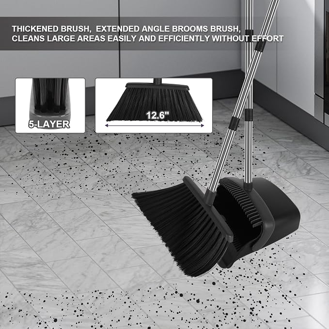 Broom and Dustpan Set, Heavy Duty Large Household Broom with Dustpan Combo Set, 55" Long Handle Black Dust Pan Kit for Kitchen Lobby Indoor Outdoor