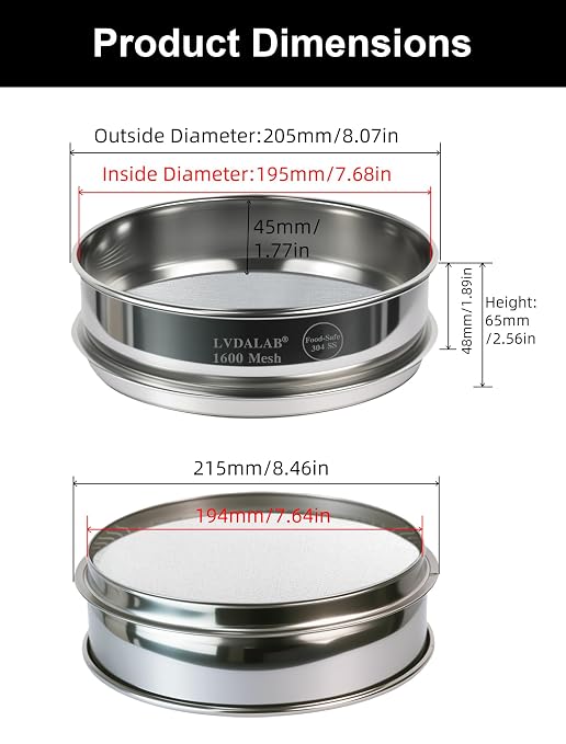 All 304 Stainless Steel 1600 Mesh Test Sieve (0.004mm Aperture), 8 Inch/20cm Diameter, Ultra Fine Micron Filter for Scientific Research & High Precision Testing
