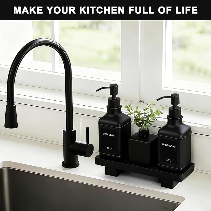 Modern Kitchen Soap Dispenser Set with Wood Tray, Black Glass Soap Dispenser with Pump, Decorative Hand and Dish Soap Dispenser Set, Soap and Lotion Dispenser Upgrade for Kitchen and Bathroom Decor