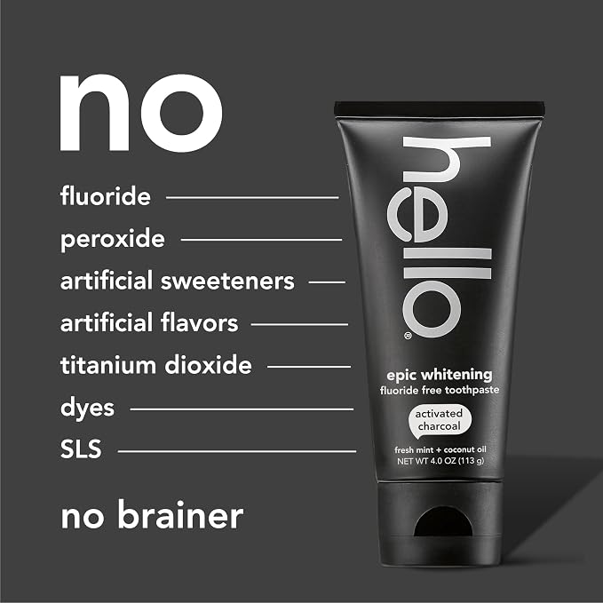 hello Epic Whitening Activated Charcoal Toothpaste, 4 oz | Fluoride Free, Fresh Mint and Coconut Oil, Whitens Teeth Naturally, Enamel Safe, Vegan, SLS Free, Dye Free