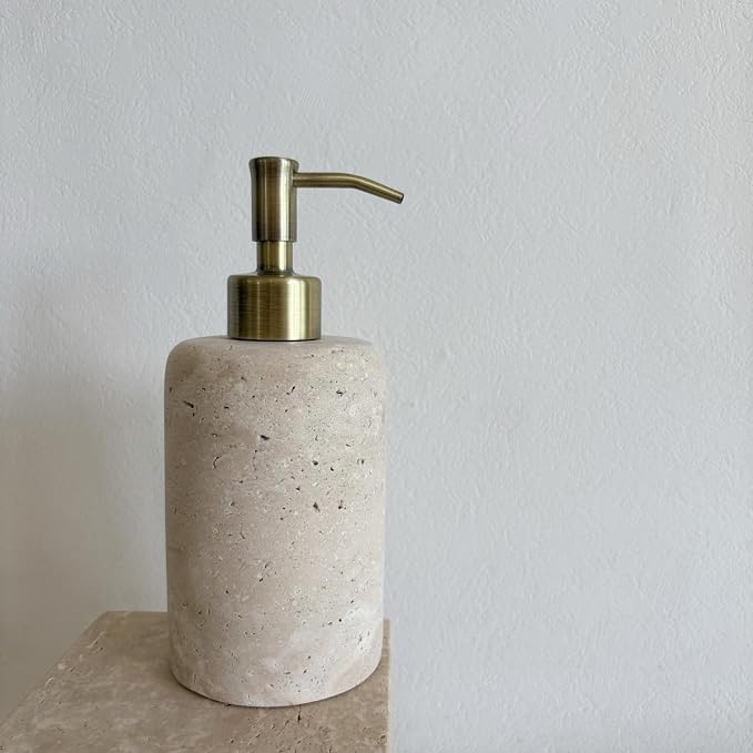 Natural Marble Vintage Stone Refillable Bathroom Liquid Dispenser 165ml Lotions Soap Container Stainless Steel Pump Head (Beige Travertine)
