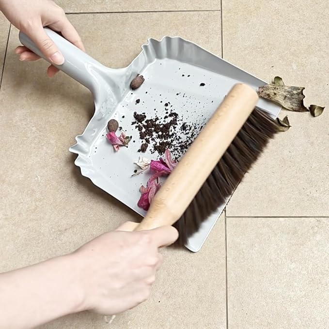 Metal Dust Pan and Brush Set Wooden Hand Broom, Handheld Dustpan for Fireplace, Garage, Workshop, 9" Wide
