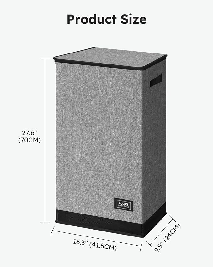 SOLEDI Slim Laundry Hamper with Lid, Narrow Laundry Basket with Removable Bags, Dirty Clothes Hamper with handle, Small Hamper perfect for Laundry room, Bathroom, Bedroom, Small spaces. 70L Grey