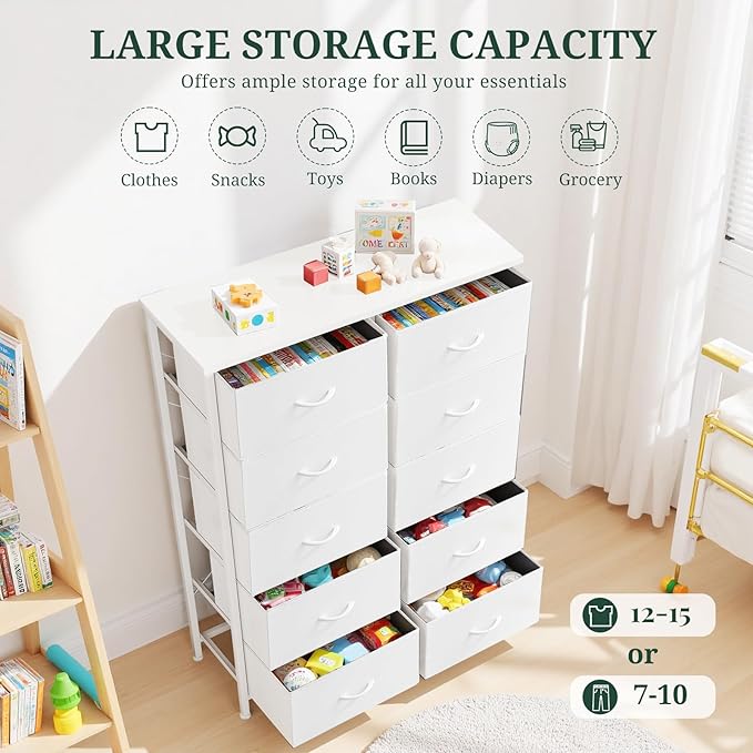 10-Drawer Dresser for Bedroom, Anti-Tip Tall Storage Organizer Chest of Drawers with Wooden Top and Metal Frame Fabric Bins for Closet, Living Room, Hallway, Entryway, White