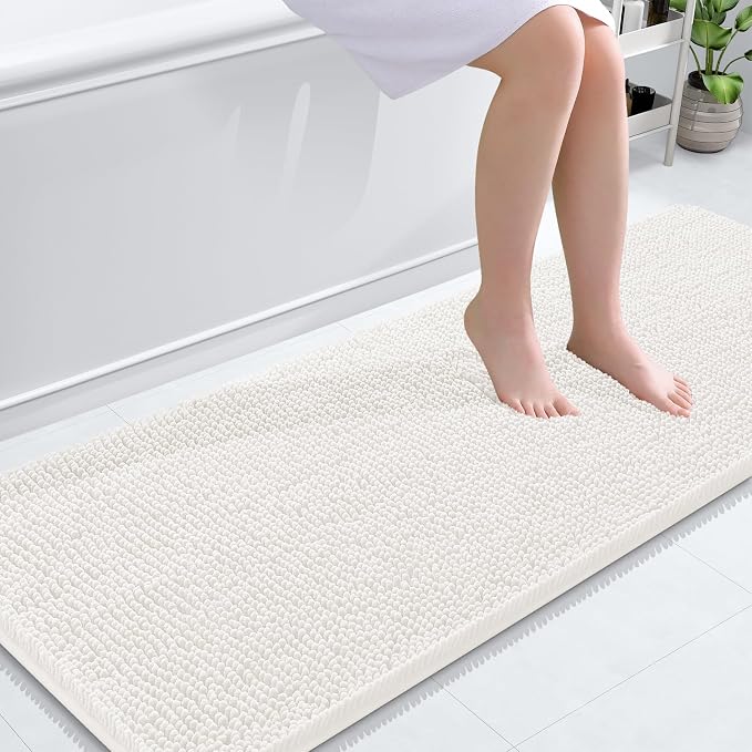 OLANLY Bathroom Runner Rugs 59x24, Extra Soft Absorbent Chenille Bath Rugs, Rubber Backing Quick Dry, Machine Washable Long Bath Mats for Bathroom Floor, Tub and Shower, Home Decor Accessories, Ivory