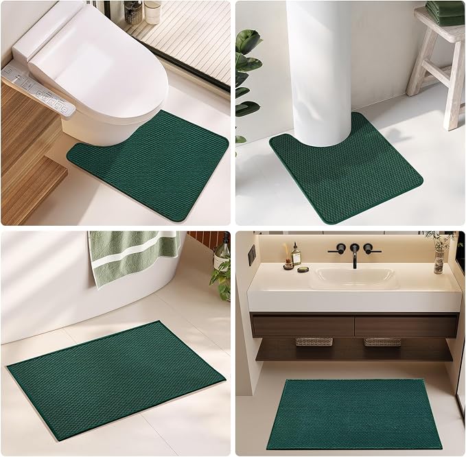 TYUU Bathroom Rugs Non Slip Washable, Super Absorbent Thin Bath Mat Quick Dry Low Pile Bathroom Rug, Dark Green 20"x48"