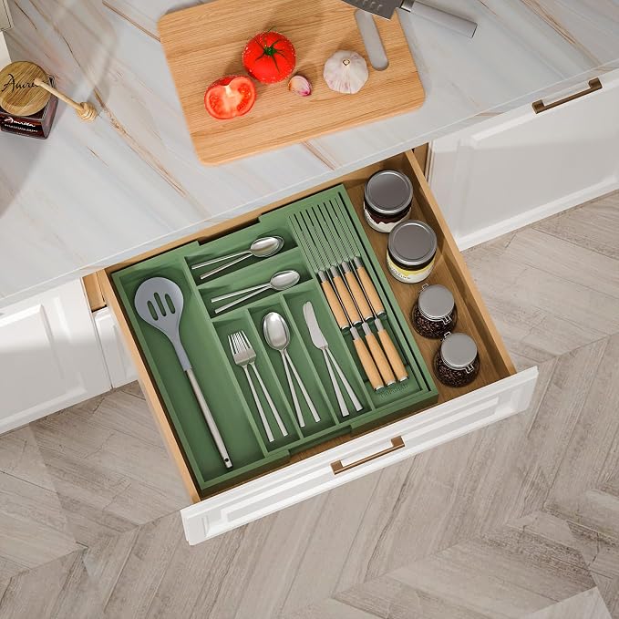 TIOPGHAD Bamboo-Silverware-Drawer-Organizer-Kitchen, Expandable Utensil Holder Cutlery Tray Flatware Organization Adjustable Wood Tableware Dividers Storage (with Removable Knife Block)(Grayish Green)