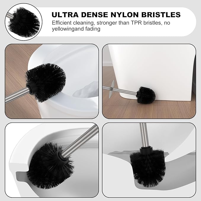 Stain Nickel Toilet Brush and Holder Set，Stainless Steel Heavy Duty Toilet Bowl Brush，Extra Long Handled Modern Toilet Cleaner Brush with Replaceable Head, Removable Inner Bowl, and Splash Protection