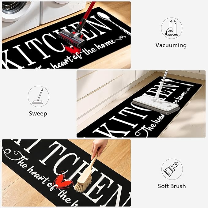 Kitchen Rugs Set 3 Piece, Non Slip Kitchen Mats for Floor, Soft Fabric with Rubber Backing, Farmhouse Anti Fatigue Runners Carpet for Home Kitchen Laundry Room Hallway (Black)