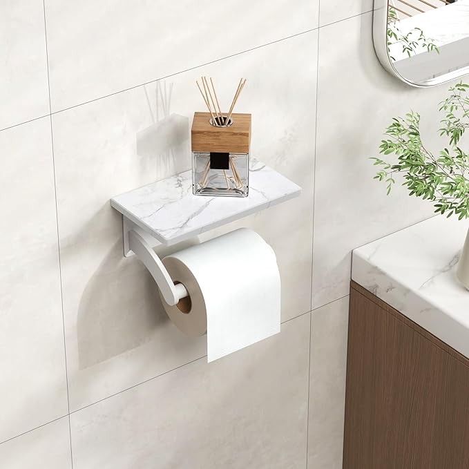 FORIOUS Toilet Paper Holder with Phone Shelf, Natural Marble Wall Mount Tissue Roll Holder for Bathroom, Washroom, 304 Stainless Steel Commercial Toilet Tissue Dispensers with Shelf, White