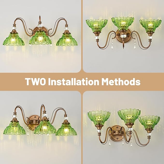 Vintage Bathroom Vanity Light, 3-Light Matte Antique Brass Finish Wall Sconce with Hanging Crystal Accents and Flower-Shaped Green Glass Shades, Retro Wall Mount Vanity Light Over Mirror for Bathroom