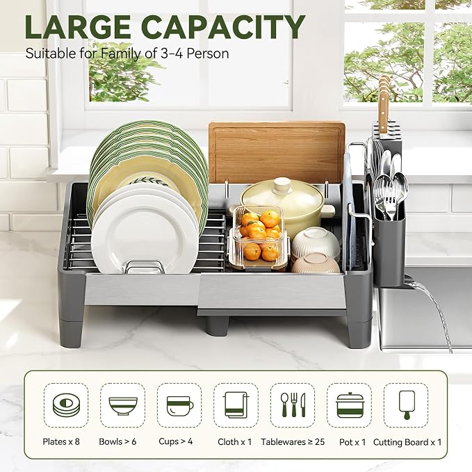 Urackify Expandable Dish Drying Rack, Stainless and Aluminum Frame, Gray | Dish Drainer for Kitchen Counter, Space Saving Kitchen Drying Rack with Movable Utensil Holder, 19.69"L x 13.46"W x 9.06"H