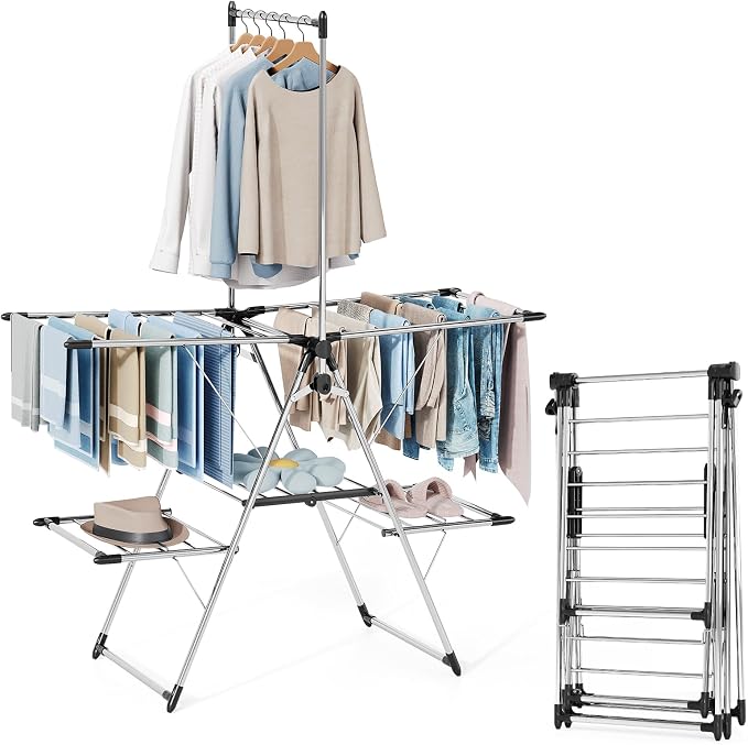 APEXCHASER Large Capacity Foldable Clothes Drying Rack, Heavy Duty Stainless Steel Laundry Drying Rack with Top Hanger, Multi-Layer Indoor Outdoor Air Dryer for Home Balcony Laundry Room
