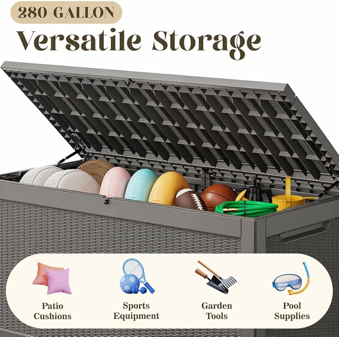 320 Gallon Outdoor Storage Box, Resin Deck Boxes Indoor and outdoor, Waterproof Storage Box Lockable Lid for Garden Tools, Package Delivery, Patio Cushions, Grey
