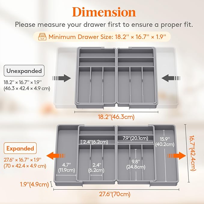 Lifewit Silverware Drawer Organizer, Expandable BPA Free Plastic Utensil Tray for Kitchen, Adjustable Flatware Cutlery Holder for Spoons Forks Knives, 18- 28 x 16.7", Gray