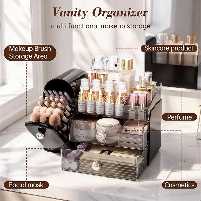Delamu Makeup Organizer for Vanity with Closed Brush Holder, Large Bathroom Counter Organizer with Drawers, Skincare Organizers for Countertop, Storage Perfume Cosmetic Lipstick Beauty (Black)