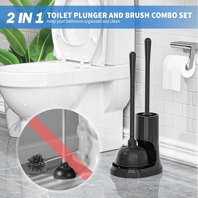 Toilet Plunger and Brush,2 Pack Bowl Brush and Heavy Duty Toilet Plunger Set with Holder, 2-in-1 Bathroom Cleaning Combo with Modern Caddy Stand for 5.7-inch Toilet Drain Bathroom Cleaning