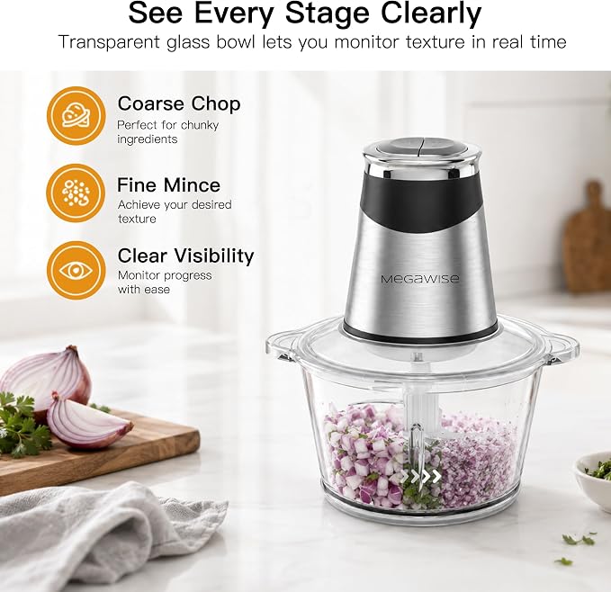 MEGAWISE Food Processor, 800W Electric Meat Grinder, 1.8L Stainless Steel Bowl & 1.8L Glass Bowl, Dual Speed Modes for Meat, Onion, Vegetables, Nuts, Fruits, Baby Food