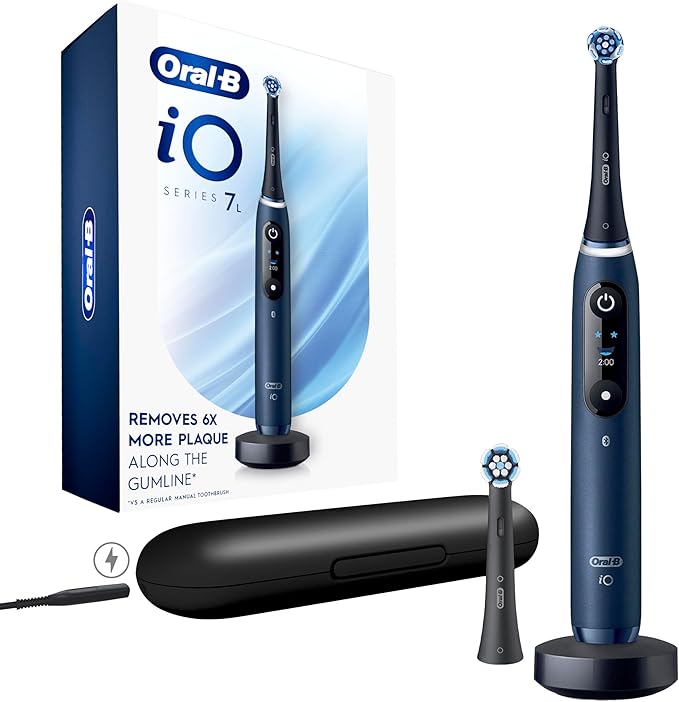 Oral-B iO Deep Clean + Protect Rechargeable Electric Toothbrush, Saphire Blue, iO Series 7, 2 Replacement Brush Heads, Charging Travel Case