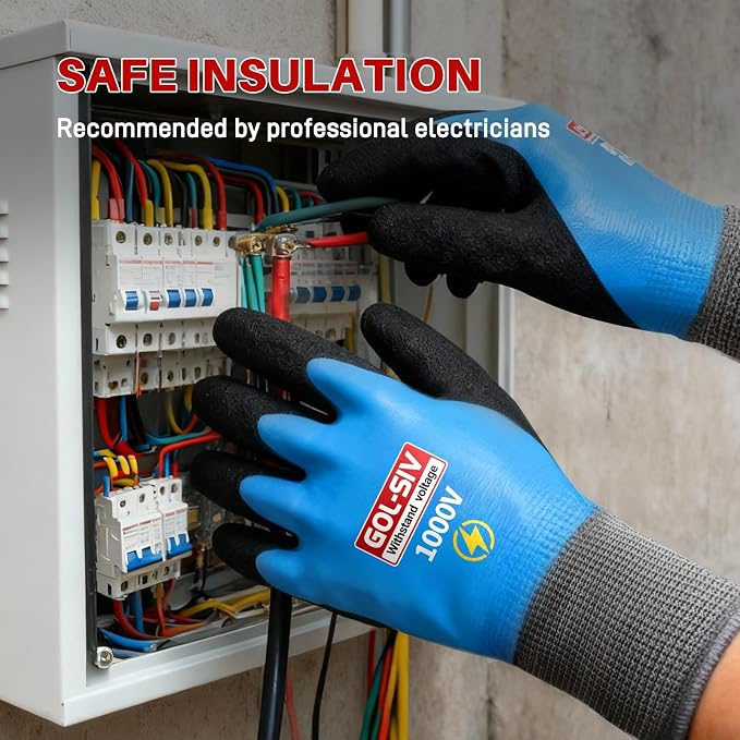 Electrician Gloves, 1000V ASTM D120 Certified, Blue Large | Double insulated.Class 0 rated.High voltage rubber safety work gloves for electrical maintenance & utility work.