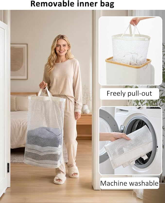 iEGrow Laundry Basket with Lid, 110L Large Laundry Hamper with Handle and Lid, Collapsible Clothes Basket Organizer with Removable Inner Bag for Clothes Toys Towels - Beige