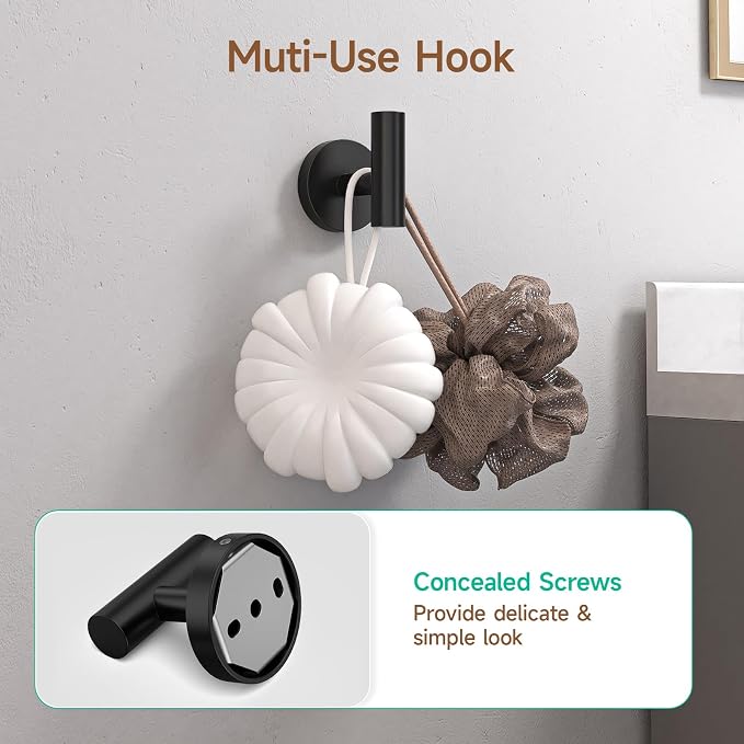 USHOWER Matte Black Bathroom Hardware Set, Modern 24-Inch Towel Bar Set Wall Mounted, Durable SUS304 Stainless Steel Bathroom Accessories Set, 8-Piece