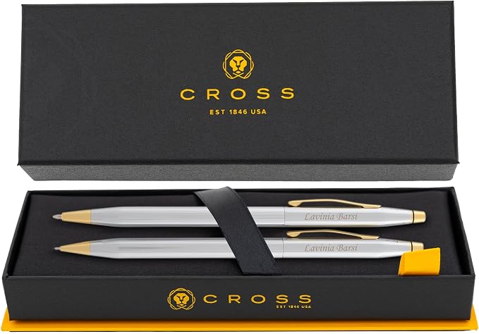 Cross Classic Century Medalist Engraved Ballpoint Pen and Pencil Set, Chrome with 23K Gold Trim, Twist Action, Personalized Gift for Graduation, Retirement, Career Advancement, Cross Gift Box