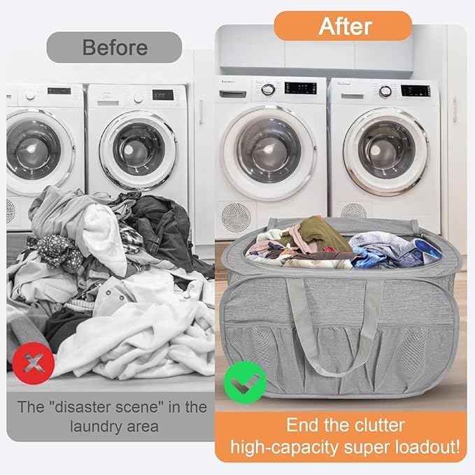 2 Pack Collapsible Laundry Baskets with Lid, Foldable Laundry Basket with Pockets, Pop Up Hamper with Dual Handles, 99L Sturdy Hampers for Clothes, Groceries, Supplies, Tools, Grey
