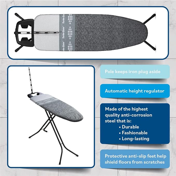 Bartnelli Heavy Duty Ironing Board 48x15 | Designed & Made in Europe with Patent Technology, Turbo & Park Zone