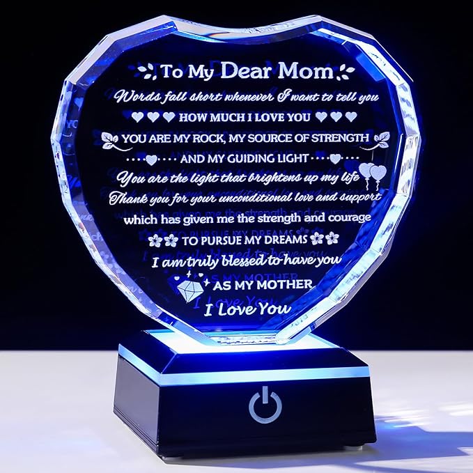 Arikyrist Gifts for Mom with Colorful LED Base Moms Birthday Gifts from Daughter Son to My Mom Gift Crystal Heart Keepsake Best Mother Presents Idea for Christmas Mother's Day Valentine