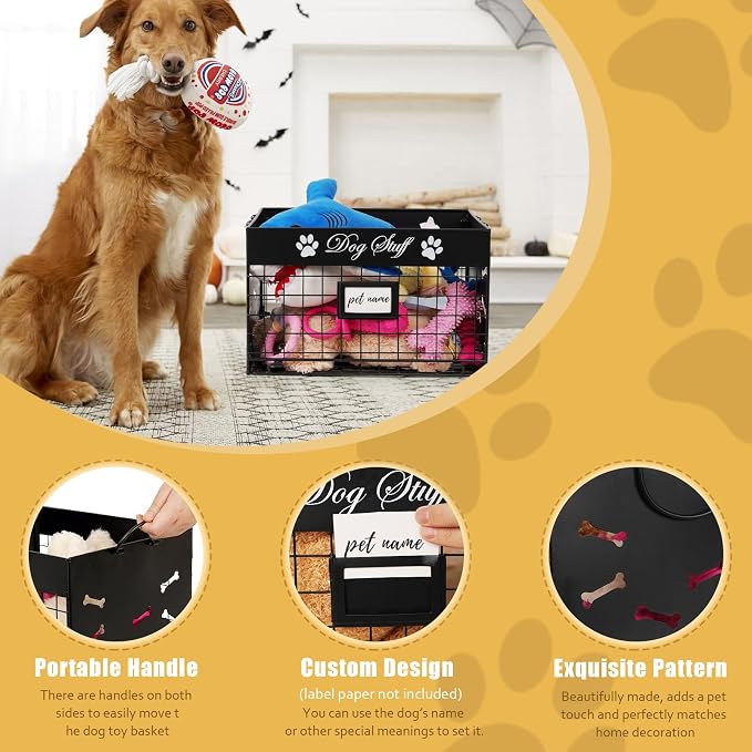 Bfttlity Dog Toy Bin Metal Basket Box for Storage Dogs Toys, Black | Dog Toy Basket with Handles for Living Room Storage Dogs Chew Pets Toys, Blankets, Clothes, Food