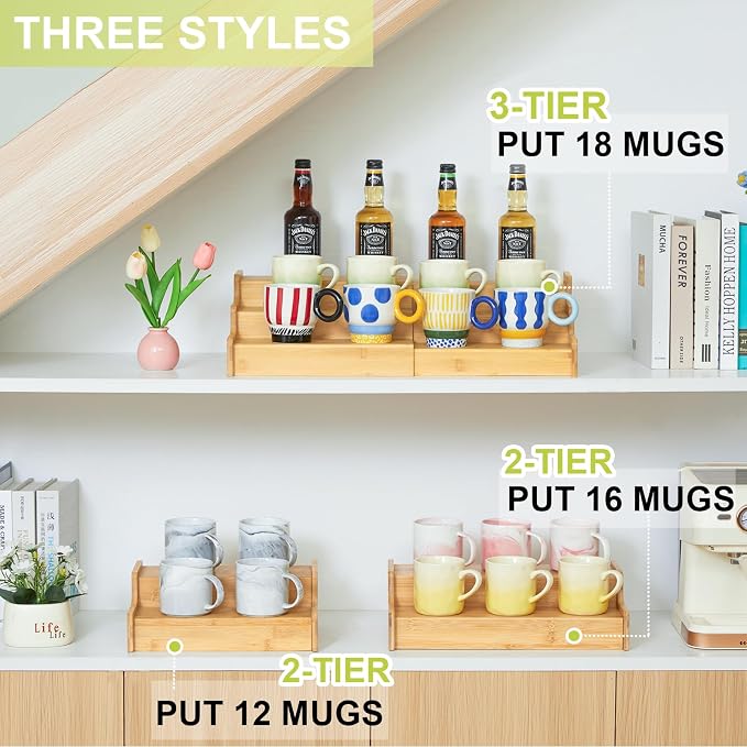 Hongtamoya 2-Tier Expandable Bamboo Mug Holder Coffee Mug Rack Organizer for Countertop, Multi-Functional Mug Display Shelf for Coffee Bar, Kitchen, and Home (15.35"~29.92")