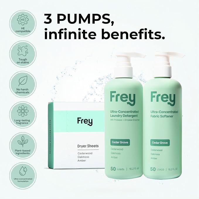 FREY The Complete Package - Concentrated Liquid Laundry Detergent, Fabric Softener, & Dryer Sheets (Cedar Grove)