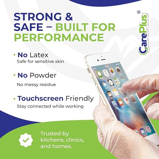 CARE PLUS Latex-Free Vinyl Gloves Clear Extra Large Size 100 Count | Heavy Duty, Non-Sterile, Powder-Free, Rubber | Food Prep, Kitchen & Cleaning Gloves, Ideal for Professional Use