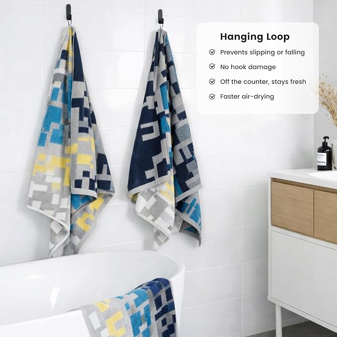SEMAXE Bath Towel Set, 8 Piece Towel Set for Bathroom, Quick Dry Cotton Towels with Hanging Loops, Easy Care, Geometric Pattern