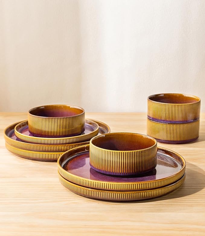 TheTerra Ceramic Dinnerware Sets for 6, 18 Pieces Porcelain Lightweight Plates and Bowls Sets, Scratch Resistant Dish Set, Oven & Microwave & Dishwasher Safe, Amber Amethyst