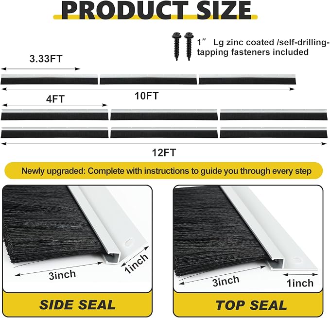 DoubleFill 10 x 12 ft Garage Door Brush Seal Kit, 3 Inch Roll up Door Seal with Aluminum Track, Heavy Duty Nylon Brush for Commercial Doors, Warehouse Barn, Energy Saving, Pest Proof, Black