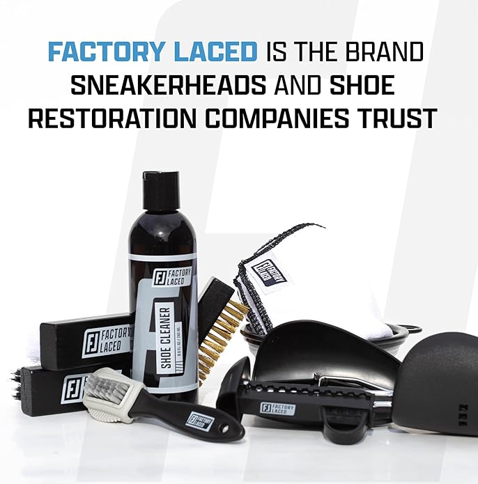 FACTORY LACED Shoe Cleaning Kit – Complete Sneaker Cleaner with 4 Brushes, 8oz Solution, Shoe Trees & Microfiber Towel – Works on Leather, Suede, Canvas & Mesh