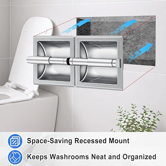 Moxweyeni Recessed Double Roll Toilet Tissue Dispenser, 304 Stainless Steel Durable Tissue Roll Holder, Built-in Paper Holder for Bathroom Commercial Restroom, Space Saving Design, Smooth