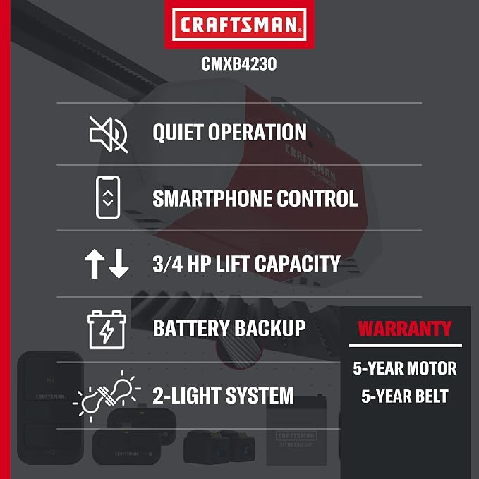 Craftsman Belt Drive Garage Door Opener, 3/4 HP, Wi-Fi, Battery Backup | Heavy duty Chain-Drive, myQ compatible, Quiet performance, Includes: 2 remotes, wall control & safety sensors