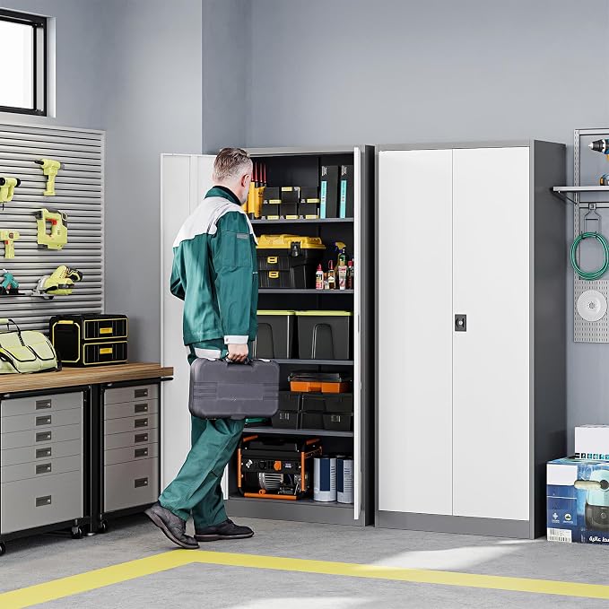 Metal Garage Storage Cabinets with Lock Door and Adjustable Shelves, Steel Tool Cabinets for Home,Office,Warehouse Organisieren (Gery White, 71" H)