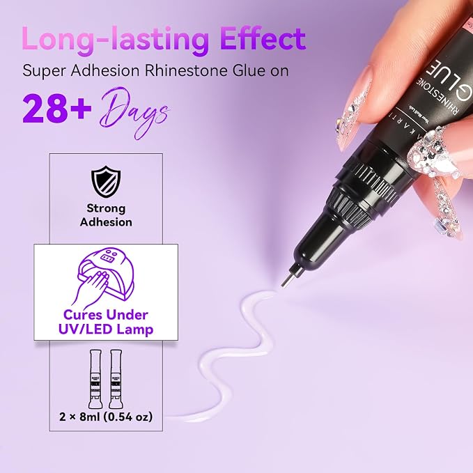 Makartt Nail Rhinestone Glue: Precision Gap Filling Gel with Brush for Gems | Low Viscosity, UV/LED Cured, Gap Filling, Small Charms, Glitter, Pearls and Sequins, 3D Sculpting, DIY and Salon Use