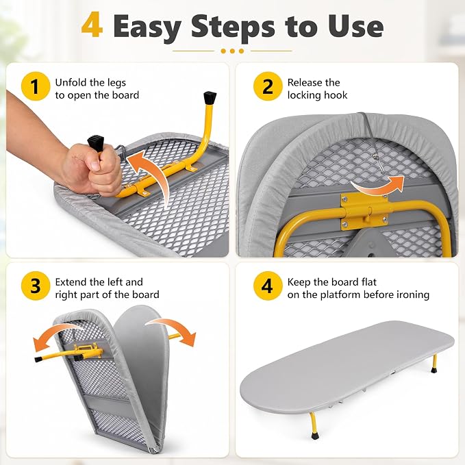 Foldable Tabletop Iron Board with Iron Holder for Home Travel, Gray | Portable Folding Ironing Board with Heat Resistant Cover & Non-Slip Feet, Small Ironing Board with Wall Mount, Space Saving