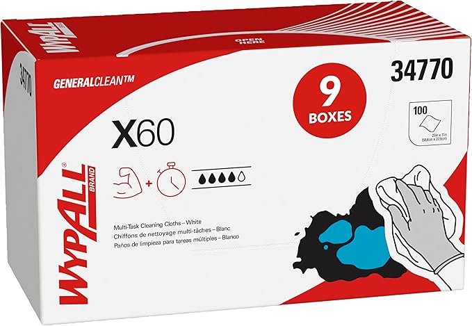 WypAll GeneralClean X60 Cloths Multi-Task Cleaning Wipes (34770), Quarterfold, Strong and Absorbent Towels, White (9 Boxes of 100 Sheets, 900 Sheet Total)
