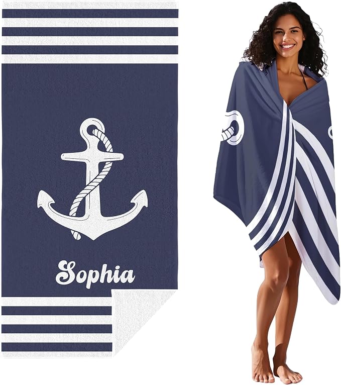 JML Personalized Beach Towel with Name, Custom Anchor Beach Towel, Customized Microfiber Pool Towel, Quick Dry & Absorbent Swim Towel for Adult,Anniversary, Birthday, Summer Holiday,Vacation